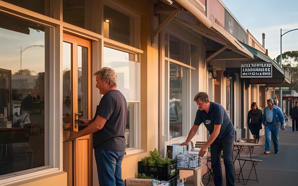 Shopkeepers opening a regional New South Wales main street, with a cafe doorway and neighbouring small businesses