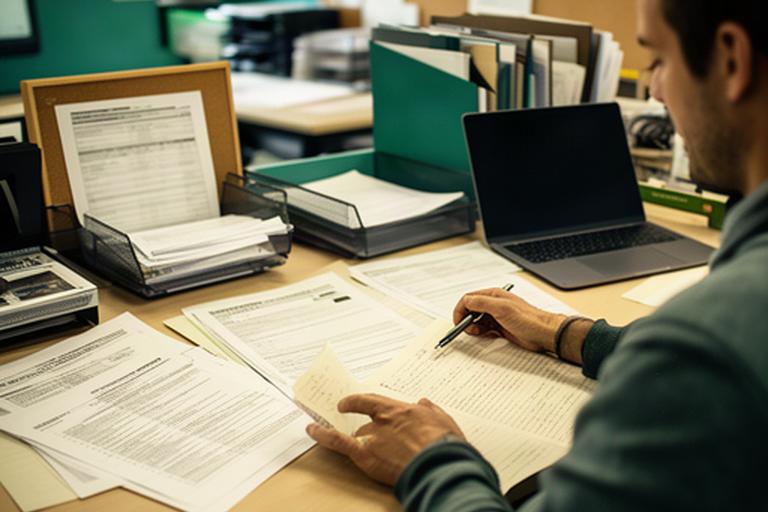 Reporter reviewing public records and handwritten notes at a desk in a regional Australian newsroom