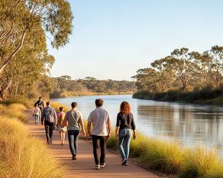 Families walking beside the Macquarie River on a clear morning near Dubbo