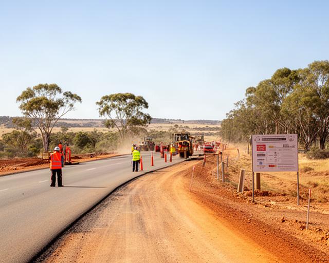 Regional roadworks in the Central West with a construction crew and project signage beside the road