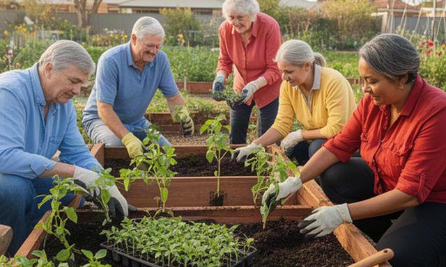 Dubbo residents planting seedlings together in raised garden beds on a sunny community morning