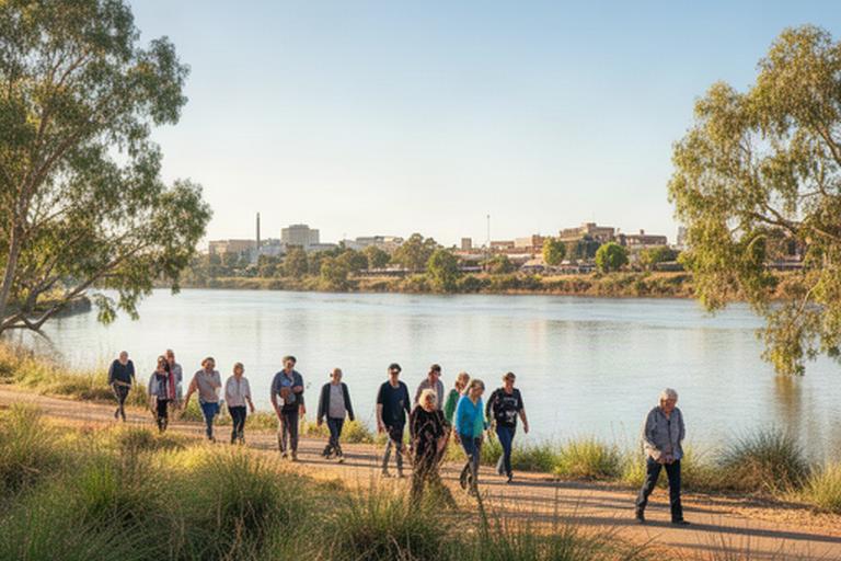 Pedestrians walking beside the Macquarie River near Dubbo's city centre on a clear morning