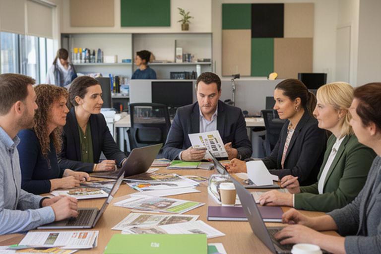 Journalists reviewing local reporting notes around a newsroom table in Dubbo
